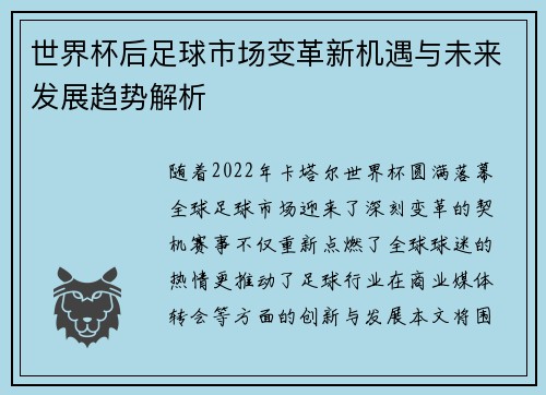 世界杯后足球市场变革新机遇与未来发展趋势解析
