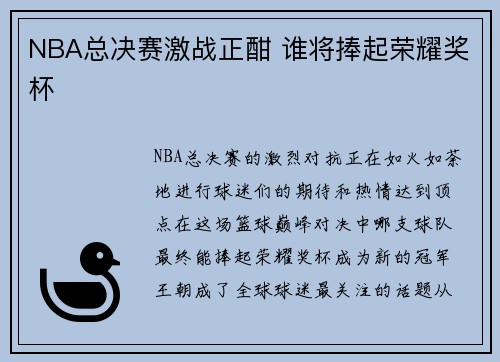 NBA总决赛激战正酣 谁将捧起荣耀奖杯