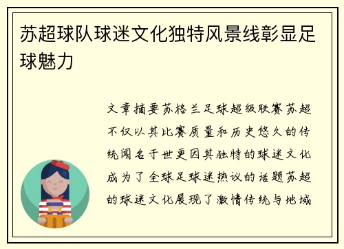 苏超球队球迷文化独特风景线彰显足球魅力 苏超球队球迷文化独特风景线彰显足球魅力